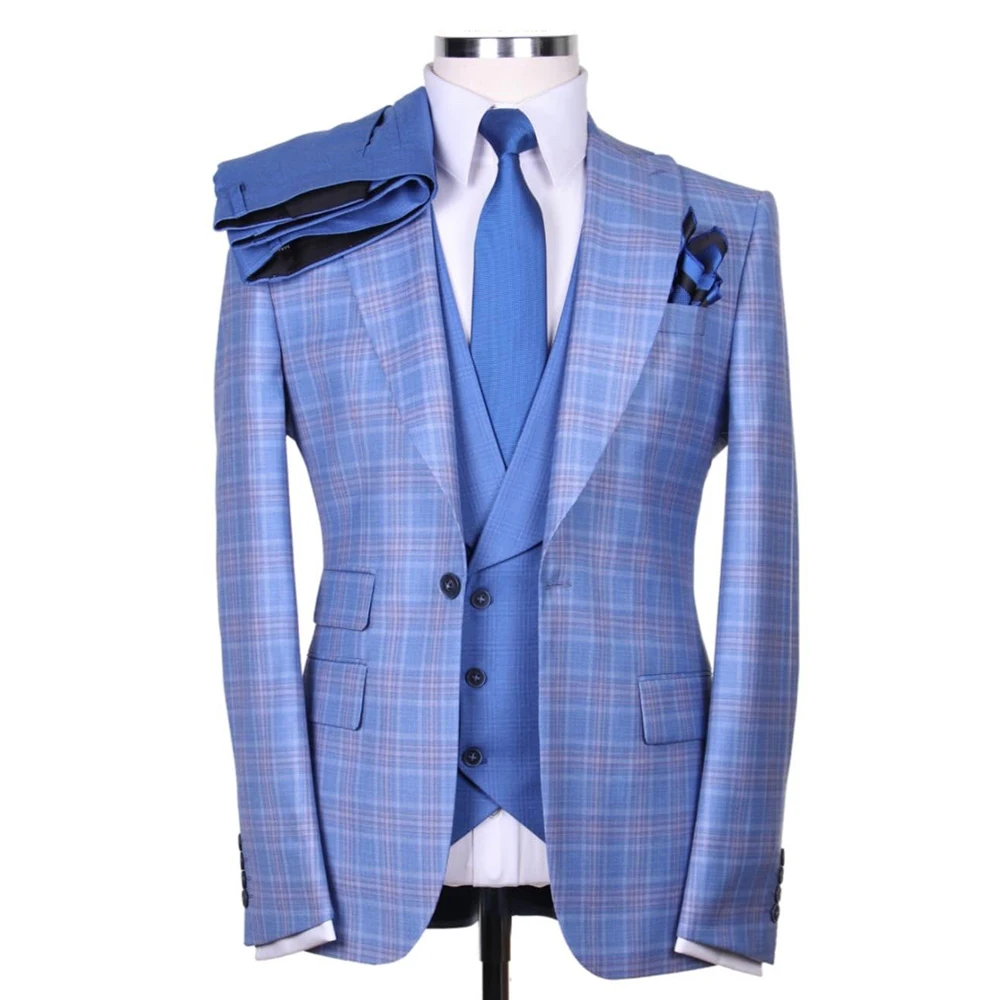 Trajes de lujo a cuadros azules para hombre, chaqueta de 3 piezas con un botón, chaleco, pantalones, conjuntos para ocasiones especiales, conjuntos de boda para hombre con estilo 2025