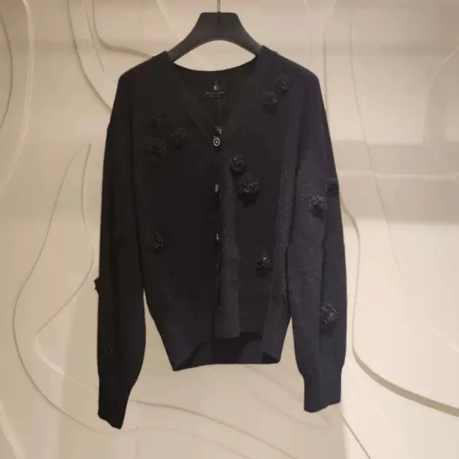 

Ele V-ne Knitted Cardigan Hand-sewn Embroidered Floral Woolen Open-front Sweater Sli Ladies' Woolen Coat