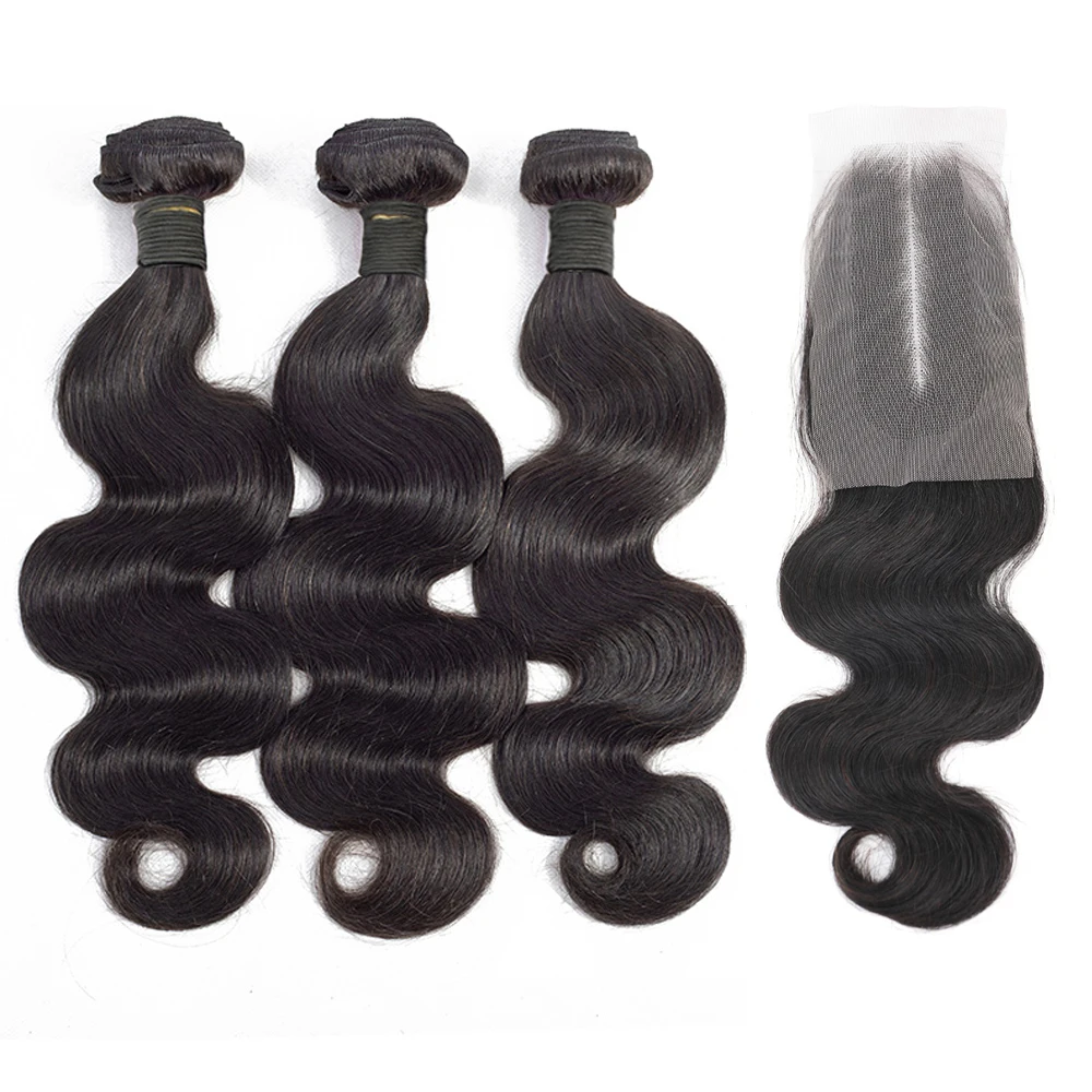 Body Wave Human Hair Bundles Virgin Brazilian Body Wave Bundles with Closure 100% Unprocessed Remy Hair Bundles 2x6 Lace Kim K