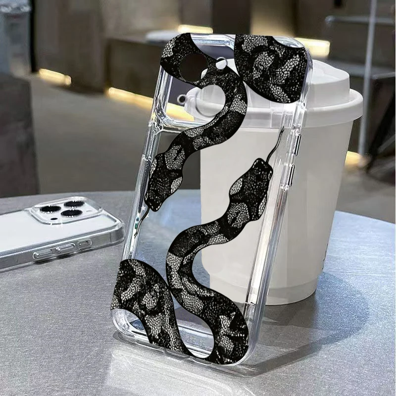 Coque de protection souple motif serpent noir pour iPhone 17 Air 16E 15 14 13 12 11 Pro Max Plus Mini X Xs 8 7