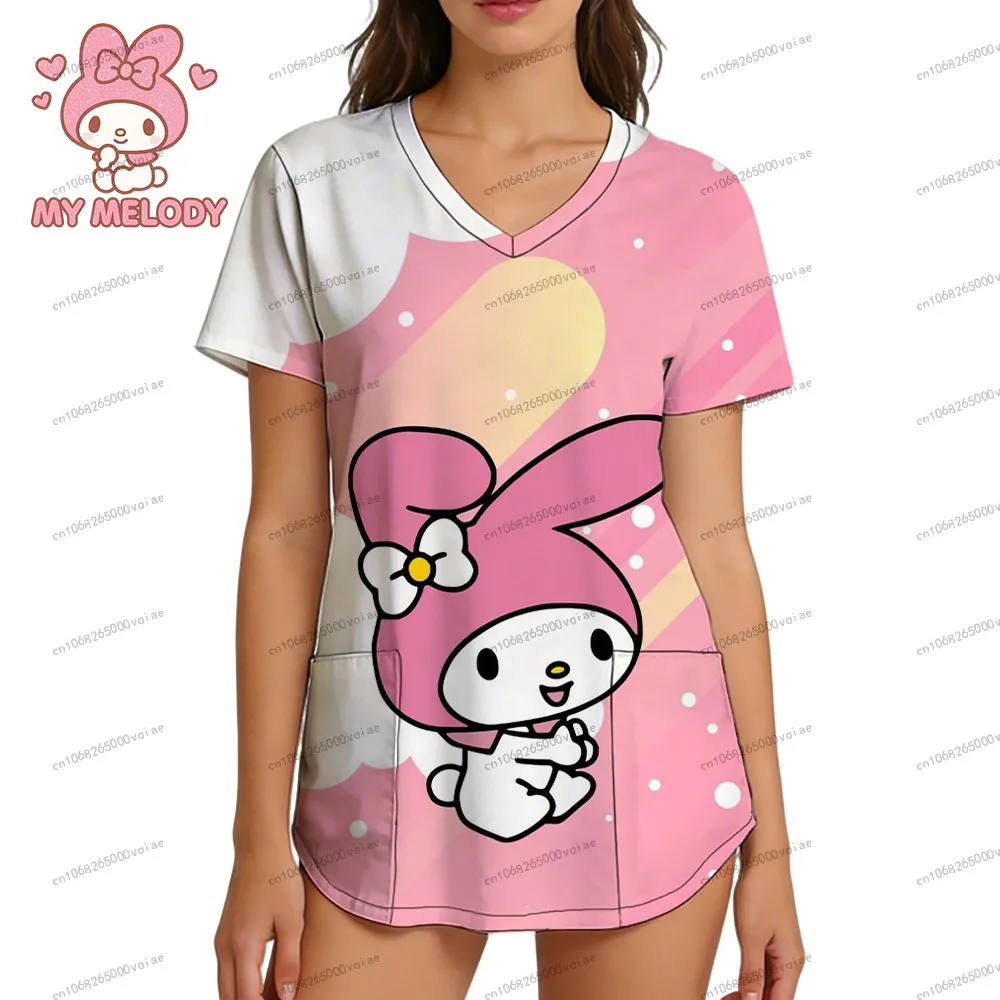 

2026 New Kawaii Sanrio My Melody Y2k Clothes Women's Nurse Uniform V Neck T Shirt 3D Print S-2XL Fashion Cartoon Summer Leisure