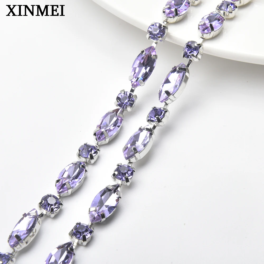 1 Meter Horse Eye Rhinestone Trim Bling Colorful Leaf Crystal Chain Applique Sew on Collar Wedding Dress Shoes Accessories