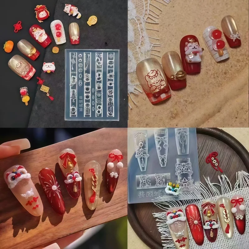 Transparent Silicone Nail Art Mold New Year Lucky Cat Lion Dance Fortune Bag Ingots Butterfly Knot 3D Decoration Mold