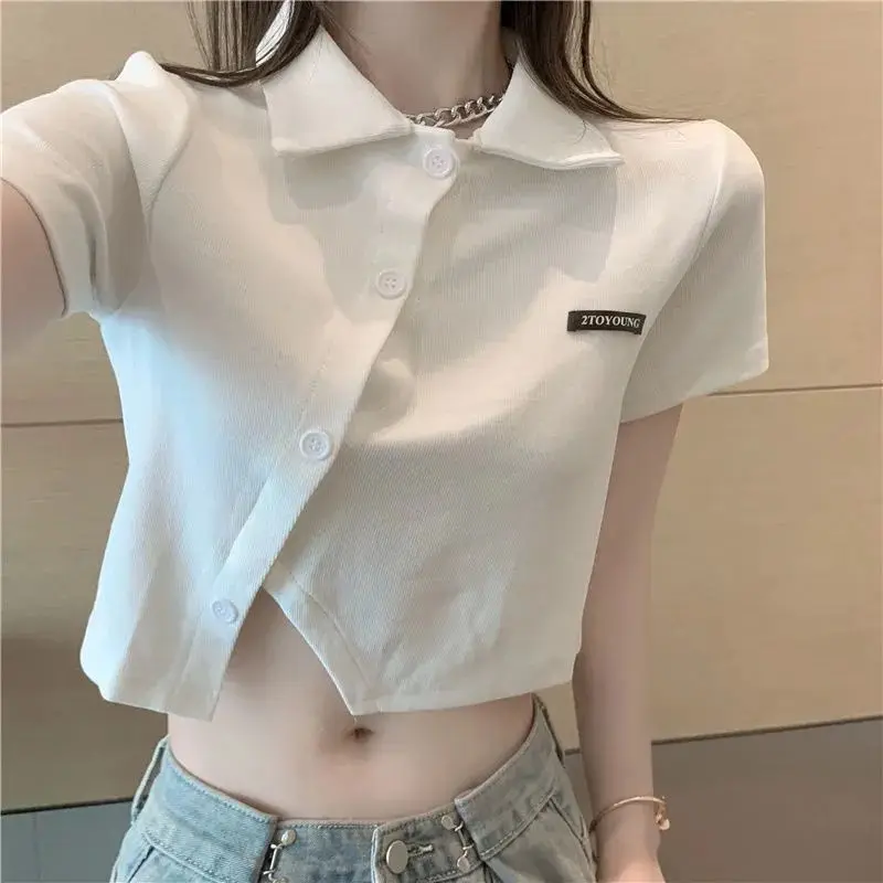 Polo Neck Shirt Button Women's T Shirts Plain Crop Top Youth Y2k Fashion Clothes High Quality V with Collar Synthetic Aesthetic