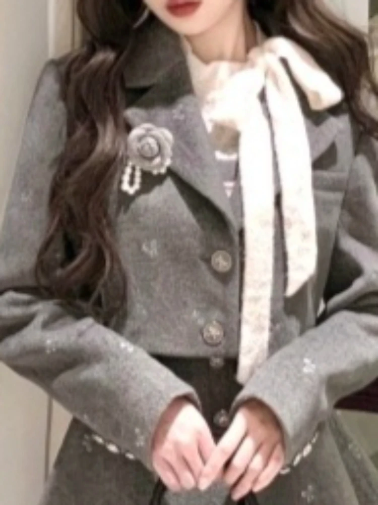 Herbst Winter Französisch Mode Elegante 2-teiliges Set Frauen Single Button Schlank Wollmantel + Spitze Schleife Kleid Süße coole Preppy Outfit