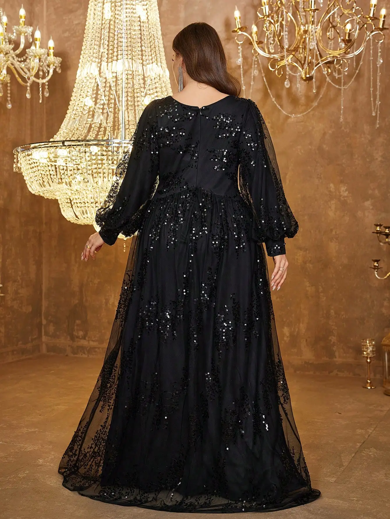 UNITHORSE [مقاس عشوائي] مقاس كبير للنساء بياقة على شكل V وأكمام واسعة ترتر مرقع أنيق فستان سهرة فورمي، فستان، لحفلات الزفاف