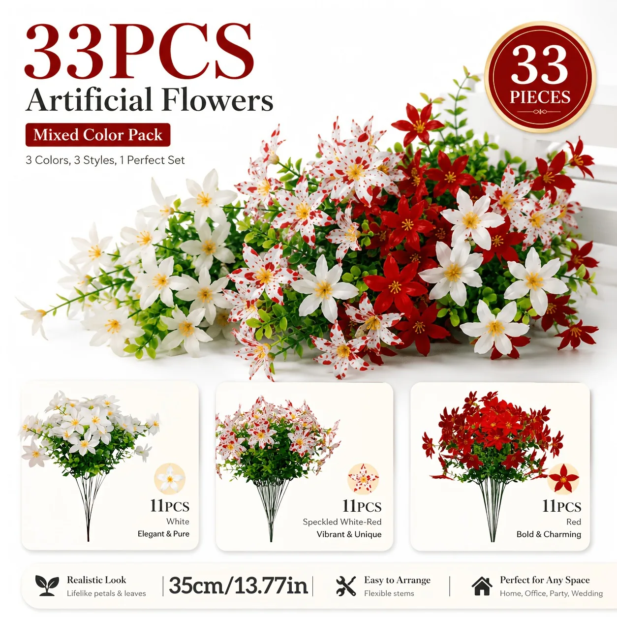33PCS Artificial Poinsettia Flowers in Red White for Home Garden Holiday Decor Polyester Petals Plastic Realistic