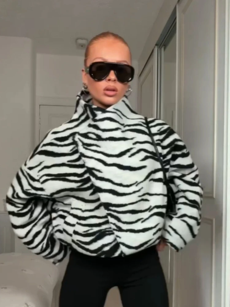 Vintage Zebra Print Asymmetric Coats Women Chic Wrap High Collar Oversized Drop‑shoulder Jacket Fall Winter Streetwear Outerwear