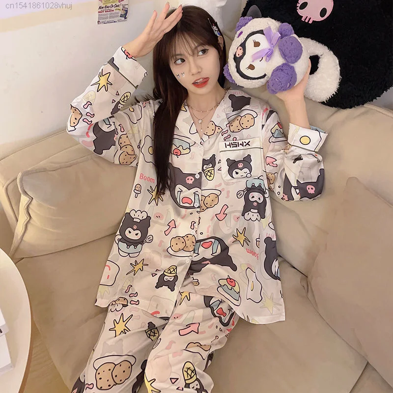 Sanrio Hello Kitty Long Sleeve Pajamas Ice Silk Cute Anime Home Wear Sets For Women 2 Pieces Kawaii Kuromi Pijamas Sleepwear Y2k