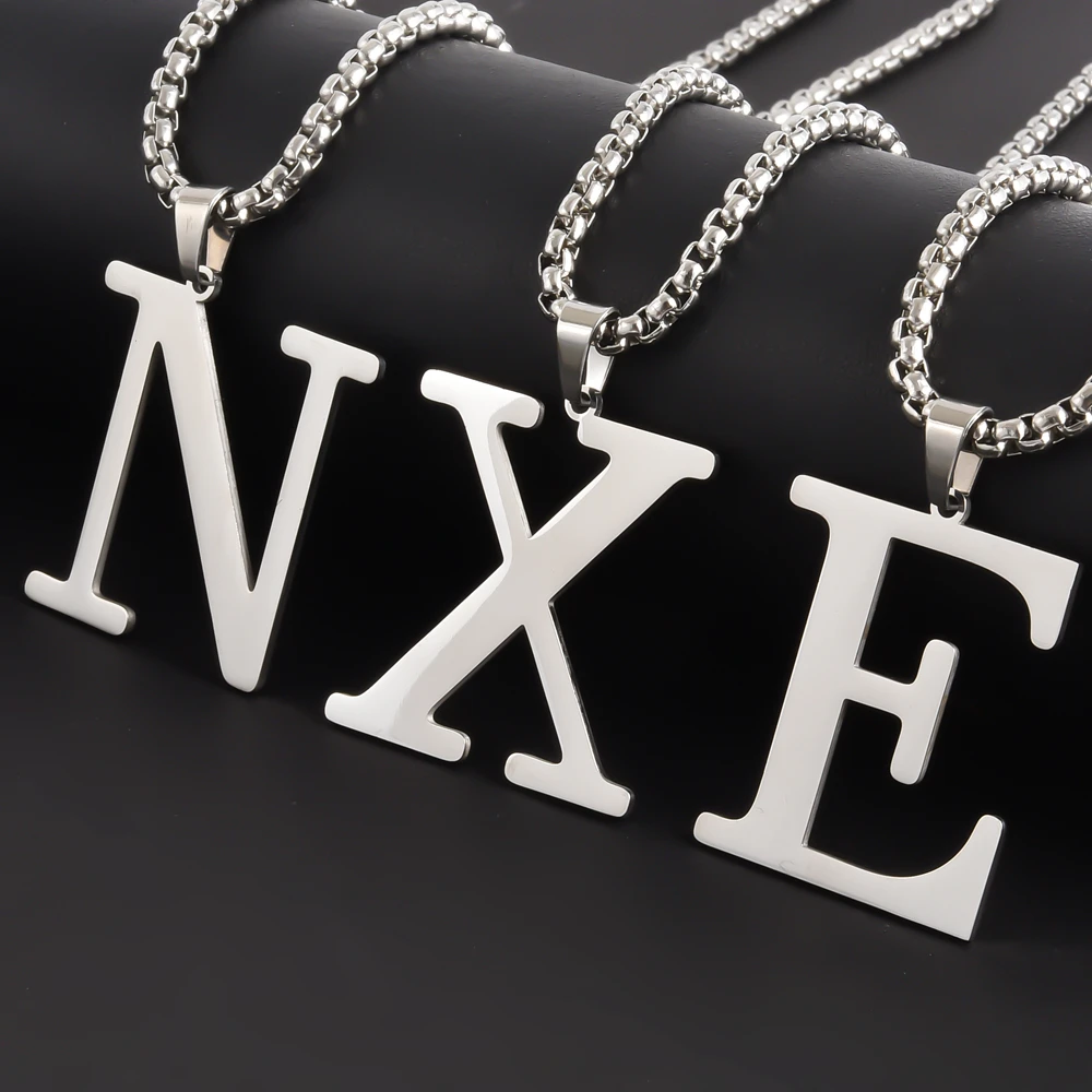 Initial Alphabet Collar Hombre Stainless Steel Big 26 Letters Pendant Necklaces For Women Men Jewelry 50/60/70cm Box Link Chain