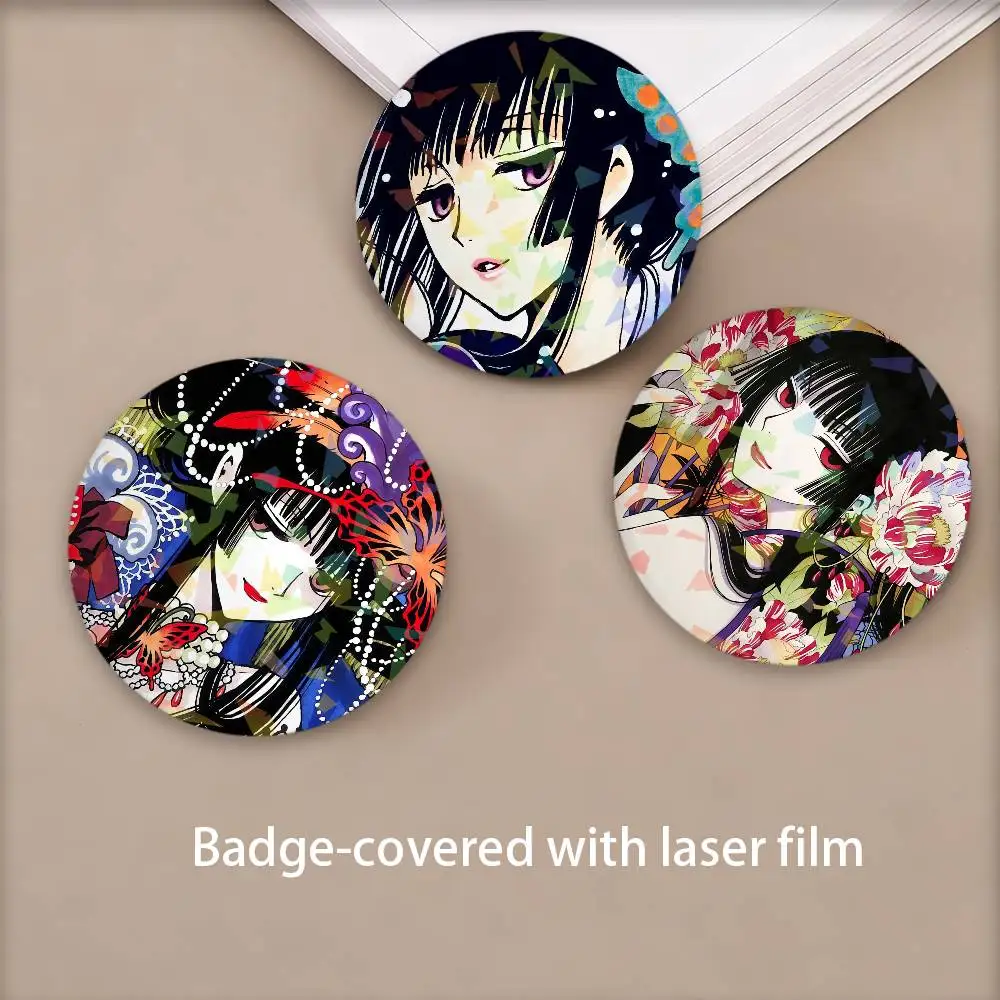 Yuko Ichihara Anime xxxHOLiCS Round Badge Lapel Pins for Backpacks Briefcase Laser Brooch Clothes Gifts
