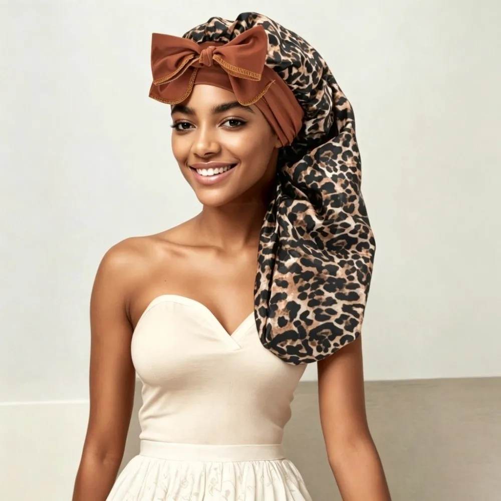 Satin Material Silk Hair Bonnet Bowknot Design Wide Elastic Band Night Sleep Cap Leopard Print Long Style Hair Protector Bonnet