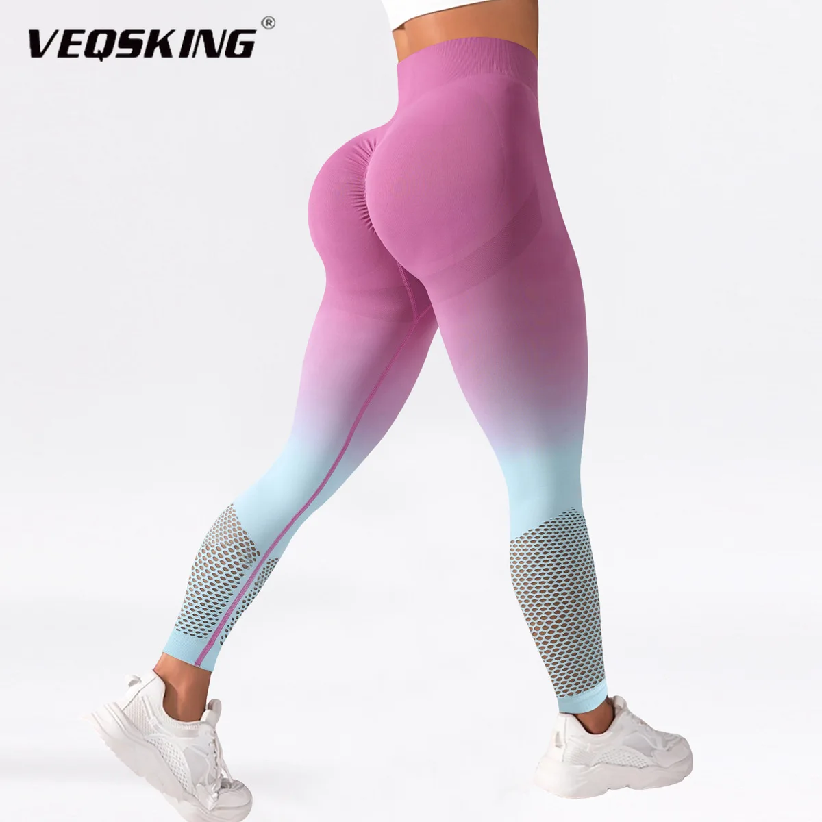 

VEQSKING Women's High Waisted Seamless Quick Drying Yoga Pants, Summer Mesh Gradient Design Fitness Running Tight Sports Pants
