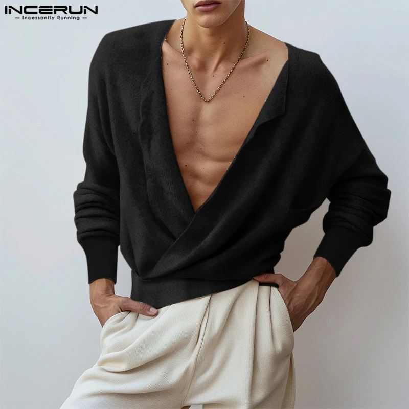 INCERUN Men Sexy Deep V-neck Simple Kimonos Inclined Door Flap Solid Color Long Sleeve Cardigans Autumn Warm Daily Elegant Coats