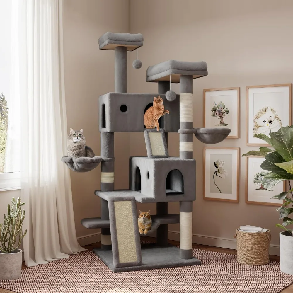 65in Larger Cat Tree Tower Condo for Indoor Kitties/Multi-Level Furniture Activity Center with Wide Base/Cozy Plush Cat Perches