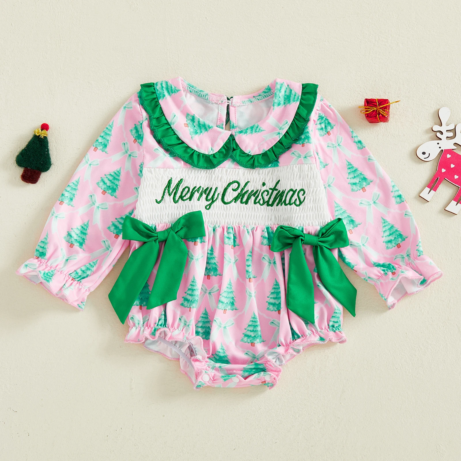 

Tregren Infant Newborn Baby Girl Christmas Romper Cute Bow Tree Print Letter Embroidery Doll Collar Long Sleeve Bodysuit Clothes