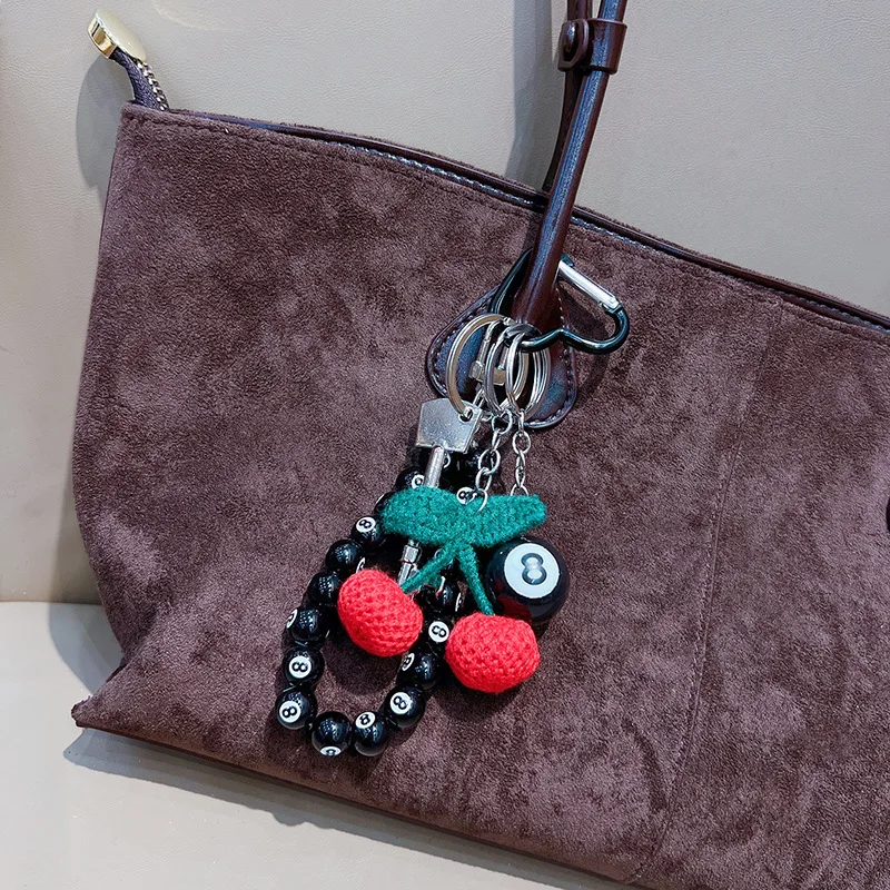 Creative Hand Woven Rope Cherry Keychain Pendant Fashionable Black 8 Billiards Beads Accessory Cute Bag Charm