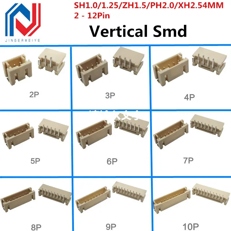 10PCS 1.0 1.25 1.5 2.0 2.54 SH/JST/ZH/PH/XH 1.25MM 2.0MM 2.54MM Male Pin Header Socket Dip/Right Angle SMD 2/3/4/5/6/7/8/9/P Pin