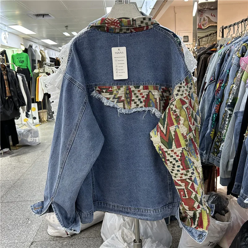 Harajuku Vintage สไตล์ชาติพันธุ์รูปแบบ Patchwork Blue Denim แจ็คเก็ตฤดูใบไม้ร่วงลําลองแขนยาวกางเกงยีนส์ Chaqueta Mujer