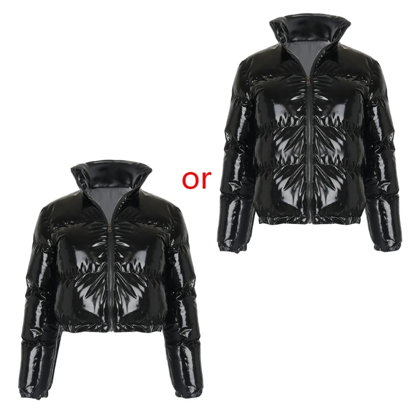 

Women Winter Long Sleeve Zipper Puffer for Jacket Stand Collar Shiny Metallic Faux Leather Cropped Puffy Bubble Coat Outerwear