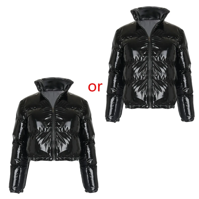 Women Winter Long Sleeve Zipper Puffer for Jacket Stand Collar Shiny Metallic Faux Leather Cropped Puffy Bubble Coat Outerwear