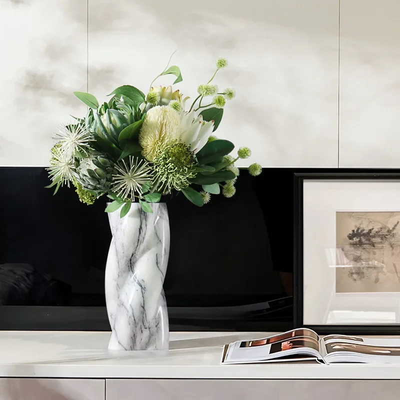 Nordic light luxury natural marble geometry, art vase model room living room entrance vase ornament