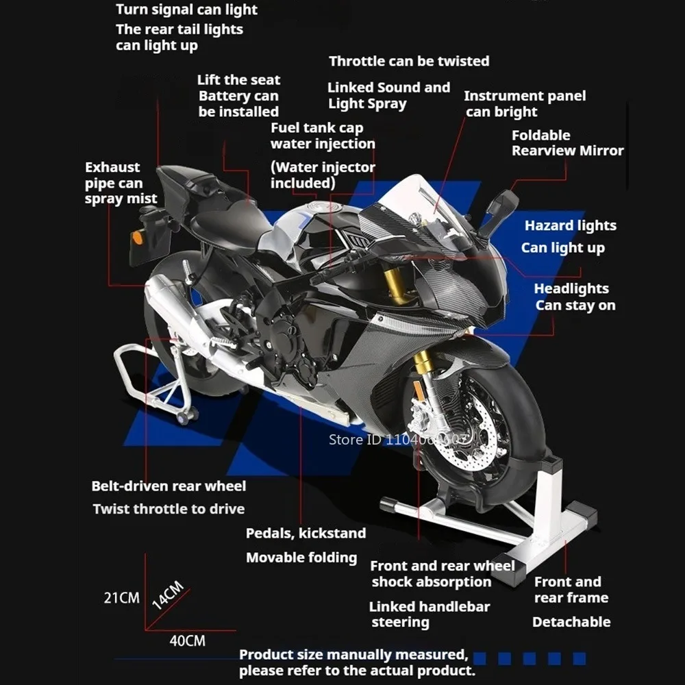 Modelo de pulverización R1M a escala 1:6, juguetes para motocicleta, aleación fundida, sonido, luz, absorción de impacto, dirección de rueda delantera para niños, regalos de Festival