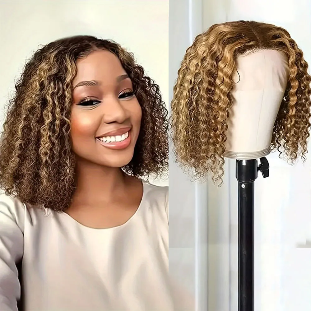 Pelucas frontales de encaje Bob sin pegamento, cabello humano P4/27, resaltado ombré HD, pelucas rizadas frontales de encaje transparente, desgaste y cabello Remy