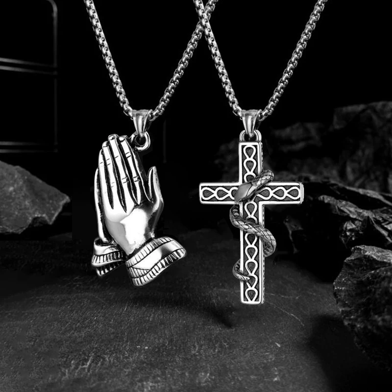 2PCS Hip-hop Retro Cross Prayer Palm Necklace Gothic-style Snake Entwined Cross Pendant Necklace Men's Gift Choice