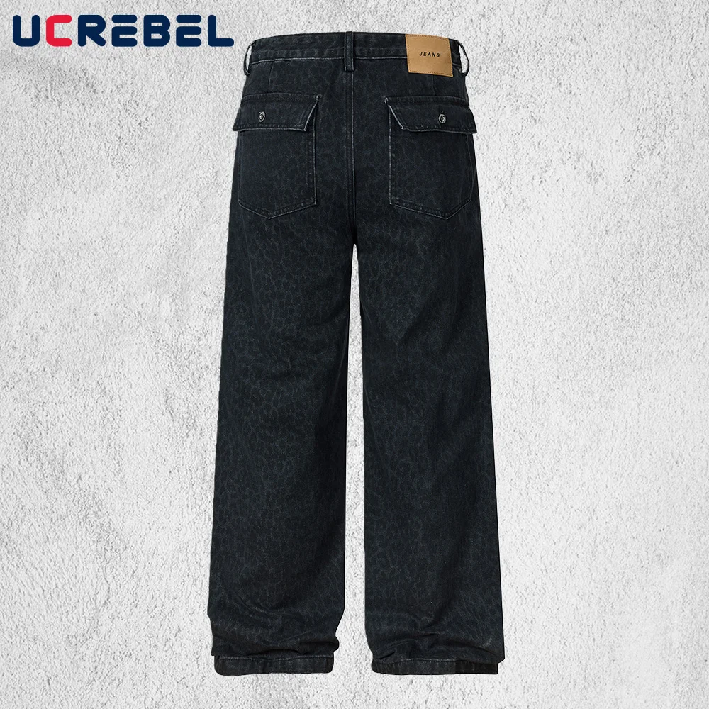 Leopard Dark Jeans Mens Pocket Y2k Streetwear Washed Straight Wide Leg Baggy Denim Pants Man