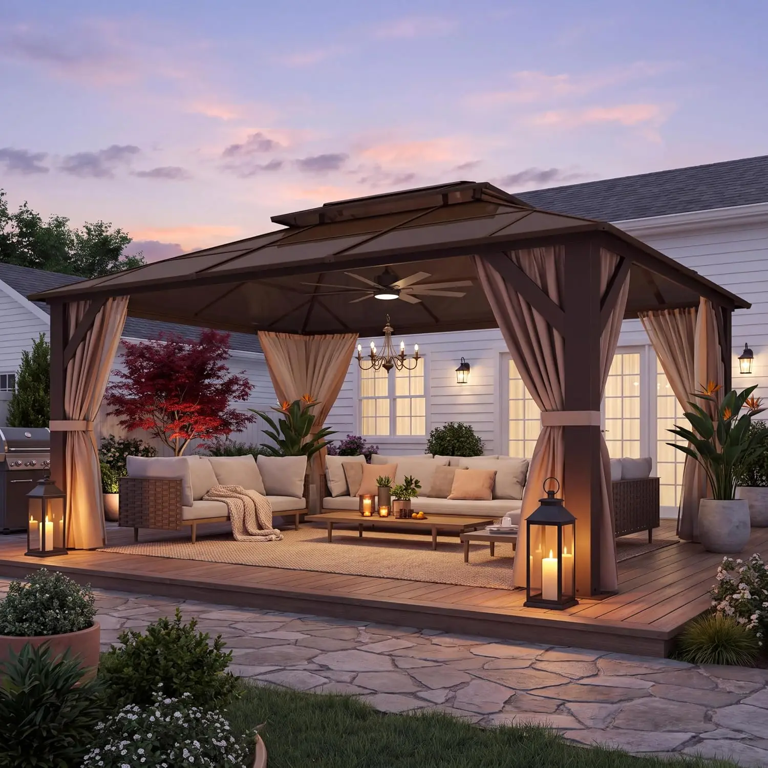 12'x16' Hardtop Gazebo with Polycarbonate Double Roof, Heavy Duty Metal Frame Outdoor Pavilion with Netting &, Customized