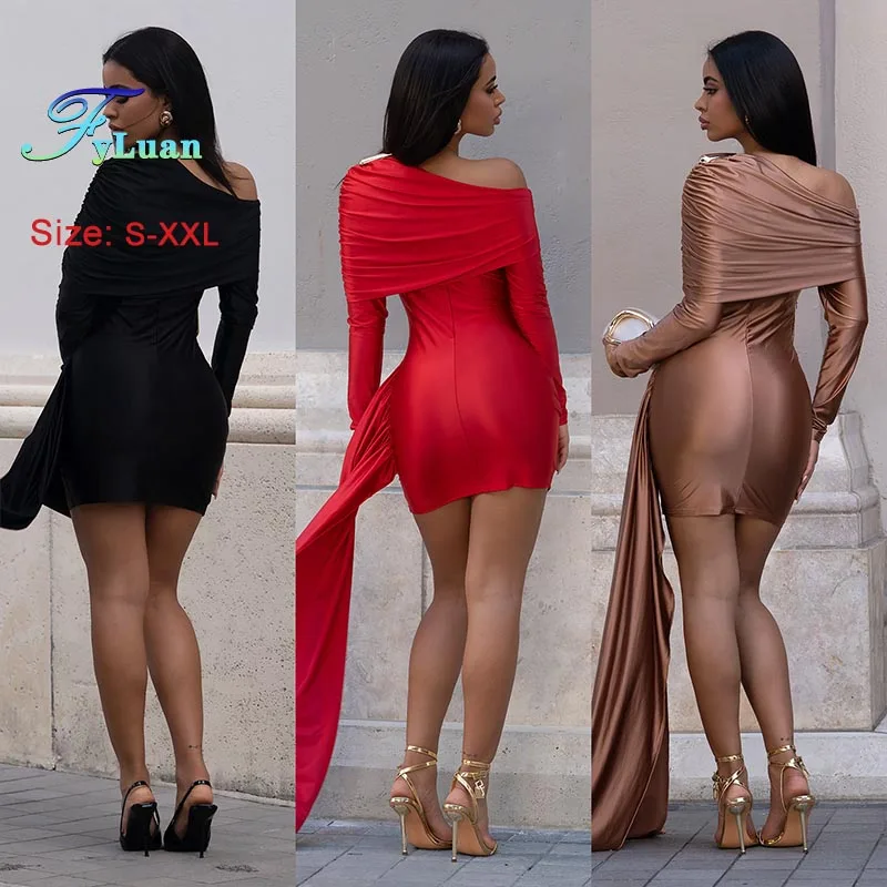2025年ファッション レディース ミニドレス 無地 斜め肩 長袖 ボディコンドレス リボン付き ディナードレス レッド セクシー ミディアムドレス
