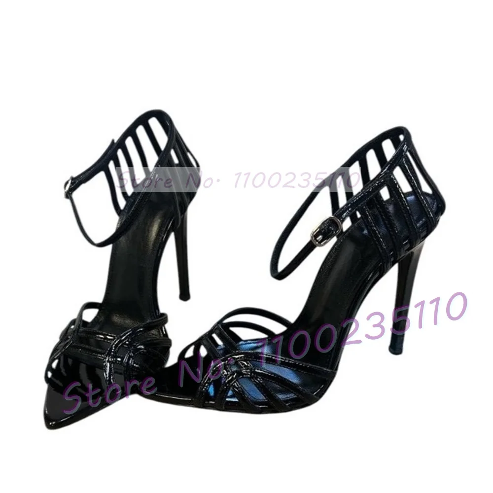 Black Caged Poined Toe Sandals Women Fashion Patent Leather Cross Strap High Heels Shoes Ladies Party Cover Heel Evening Sandals view 5