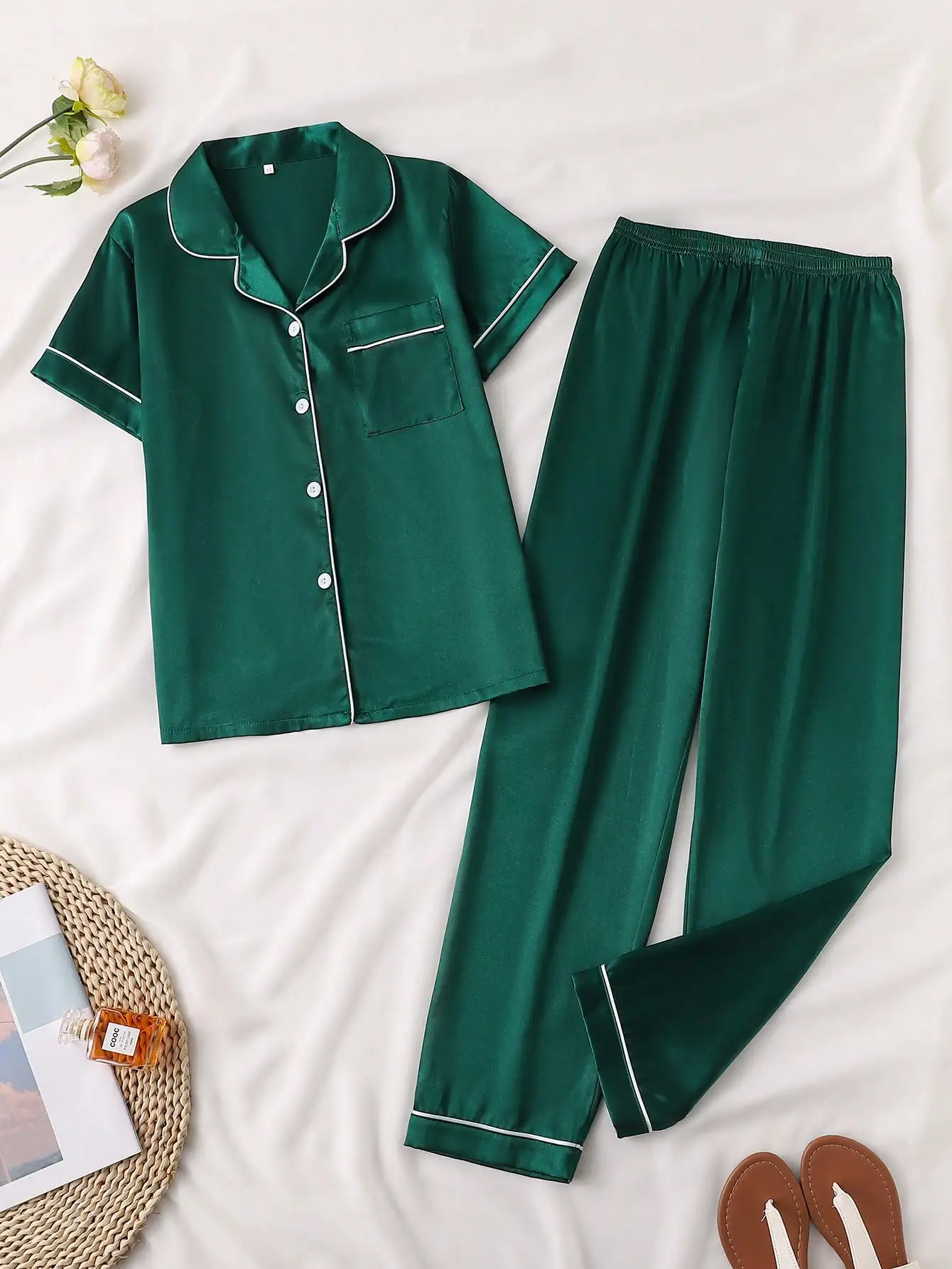 Women's 2-Piece Satin Sleepwear Set - Emerald Green Short Sleeve Top & Long Pants with Contrast Trim