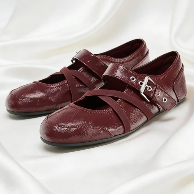 Unique Cross Elastic Band Design Ballet Flats Women Fashion Belt Buckle Mary Jane Shoes Quality Soft Leather Comfort Women Shoes