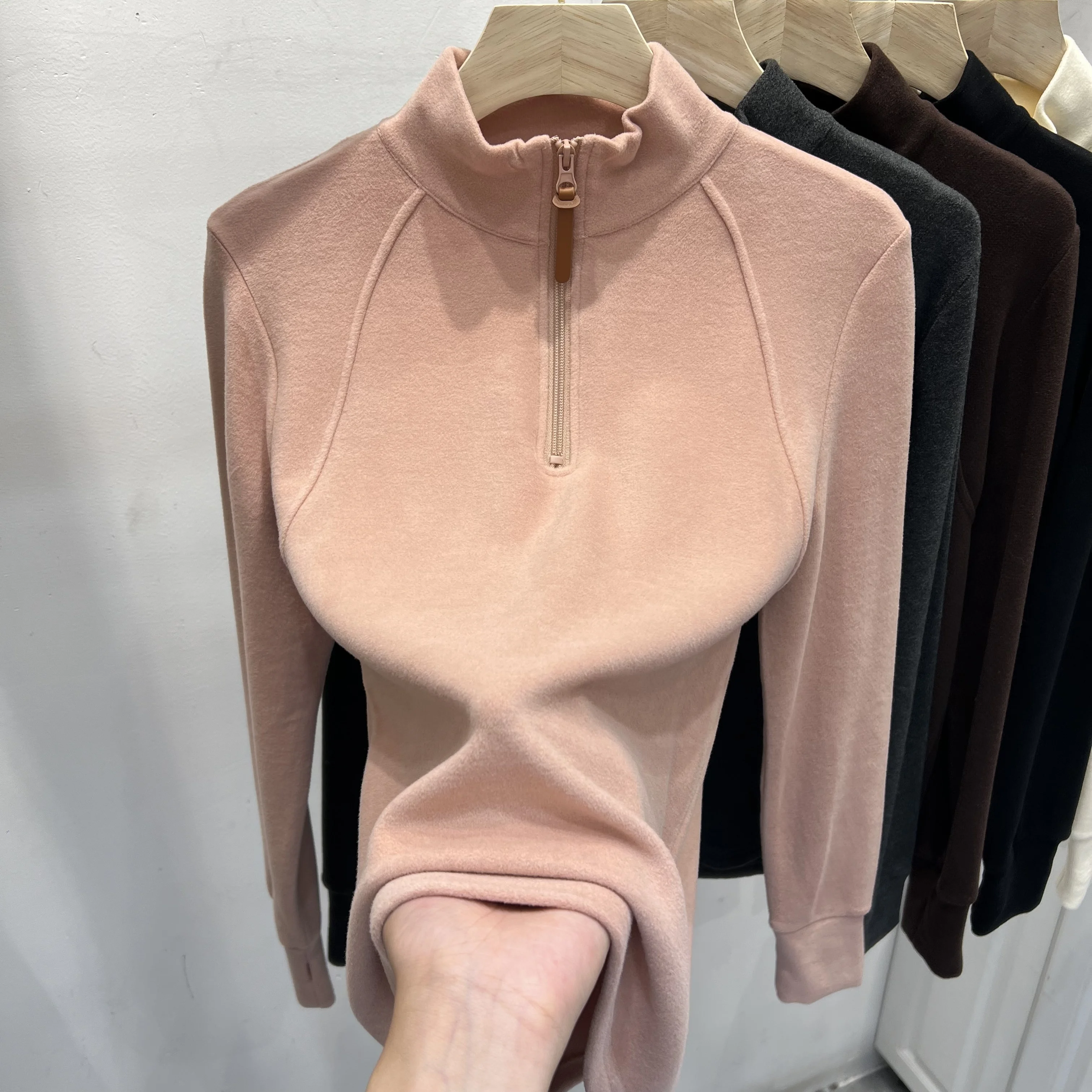 

Sweet Hot Girl Loose Half Zipper Fleece Sweater Women's Autumn and Winter Stand Collar Soft Double-sided Top Female Clothes