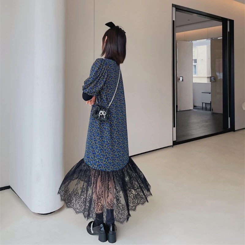 Abito lungo estivo Abito da donna a maniche corte con scollo a V in stile francese Abito t-shirt taglie forti con orlo in pizzo patchwork floreale blu