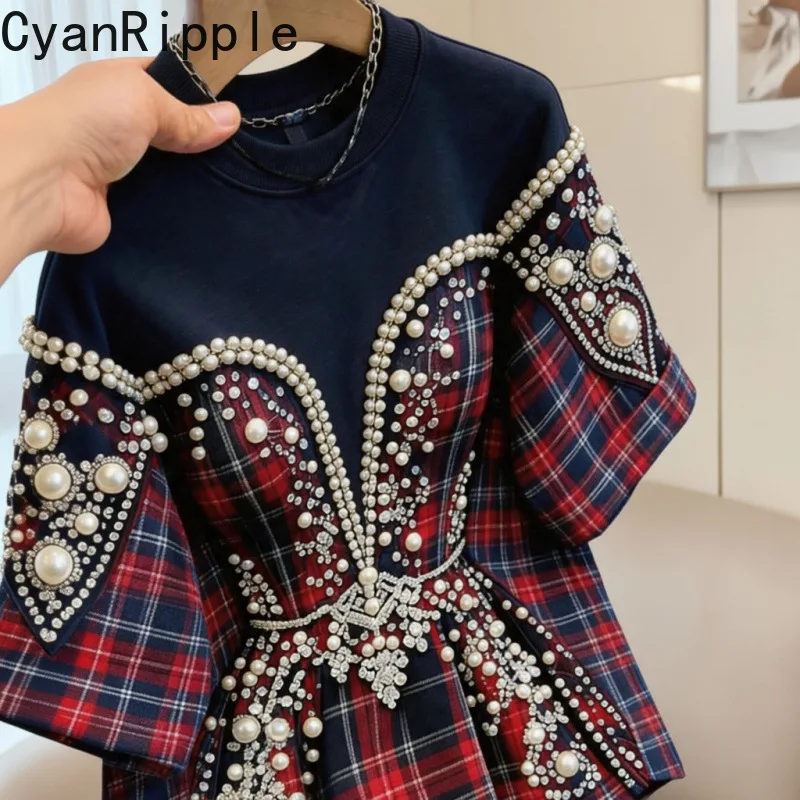 Colorblock Plaid Loose Women Short Sleeve T-shirt Round Neck Loose Pullover Top Luxury Pearl Beading Spring Summer Casual Tees