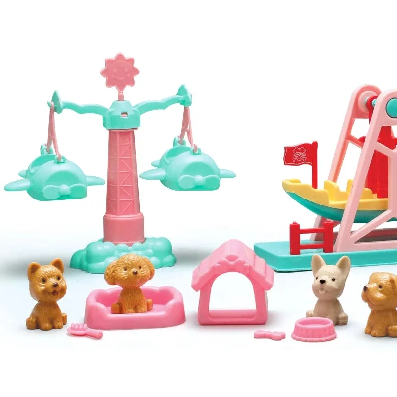 Kids DIY Mini Playhouse Pet Dog Cat Mini Park Playset Gift Girl Playing Home Simulation Amusement Park Toys Set For Boys Girls