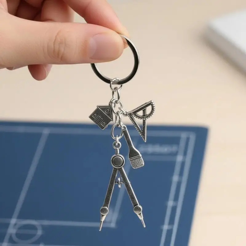 1pc Home Silver Color Keychain Building Triangular Ruler Painting Compass For Architects Engineers Drawing Gifts Jewelry