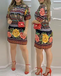 Vestido de verano con estampado para mujer, minivestido informal de manga corta, estilo bohemio, 2022