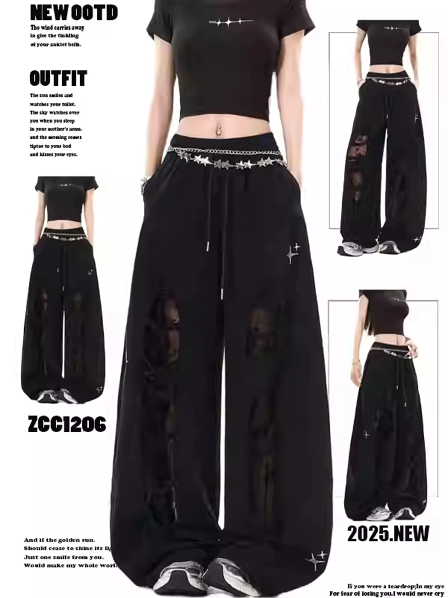 Women's Black Gothic Y2k Emo Jeans Vintage Harajuku Lace Patchwork Baggy Jean Pants Japanese 2000s Style Ripped Denim Trousers