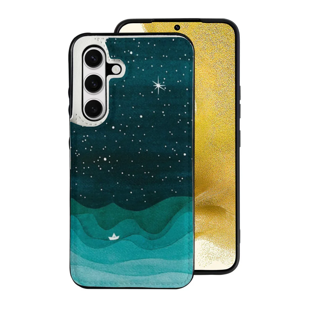 Samsung S24 Series Clamshell Phone Case,Galaxy S24,S24 Plus,S24 Ultra Starry Ocean, teal sailboat watercolor sea waves night