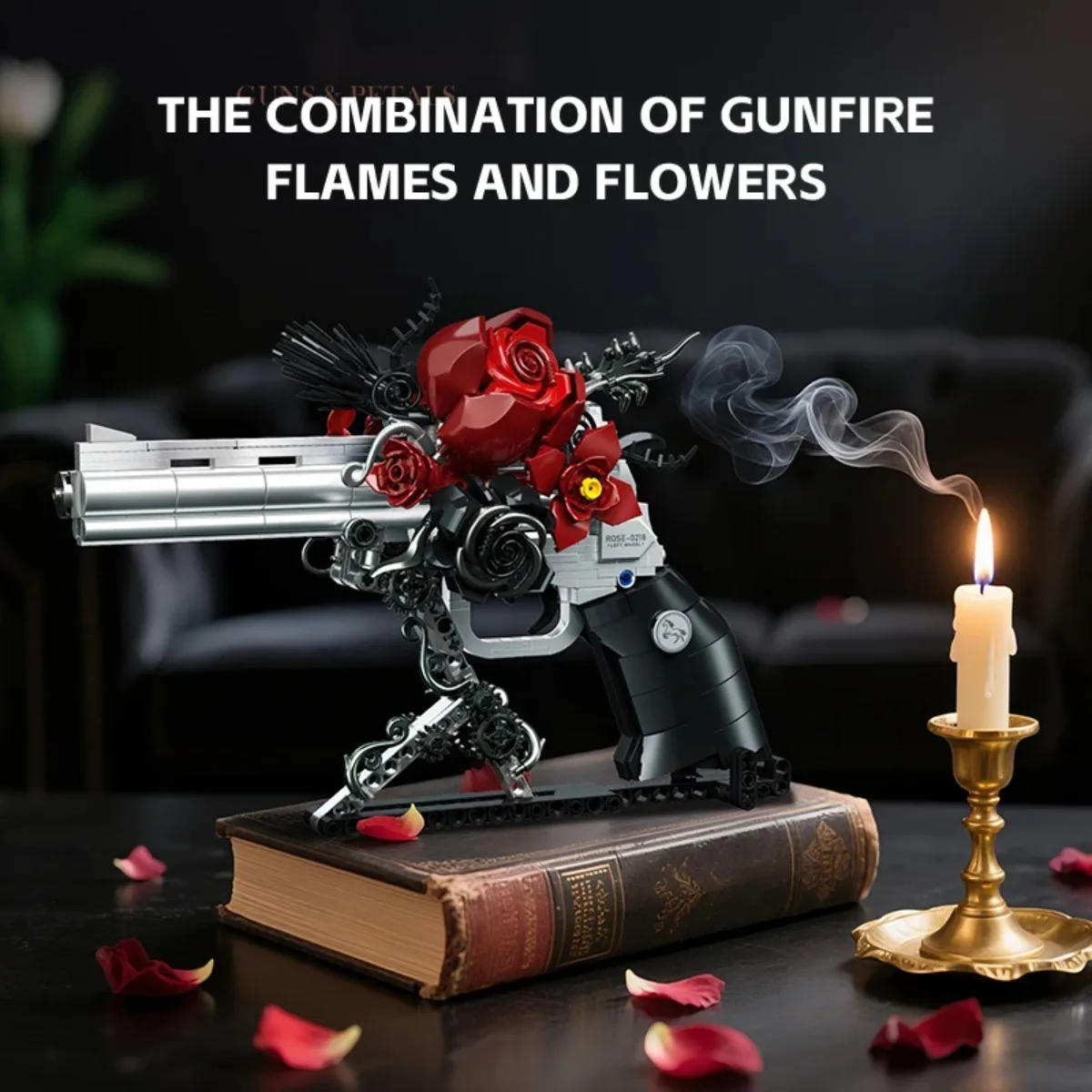 Rose Revolver Building Blocks Set, Mechanical Pistol Model with Rotating Flower Petals, Creative MOC Display Toy for Adult Fans