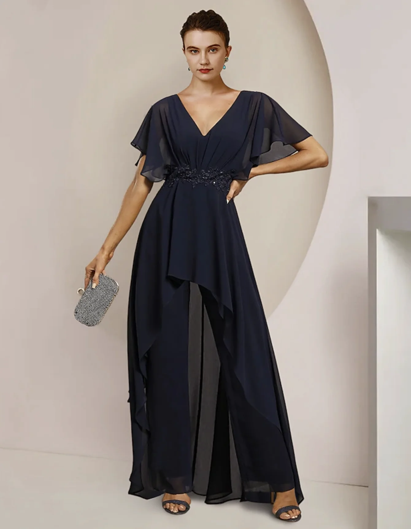 Jumpsuit  Mother of the Bride Dress Formal Wedding Guest V Neck Floor Length Chiffon Short Sleeve with Beading Appliques 2024