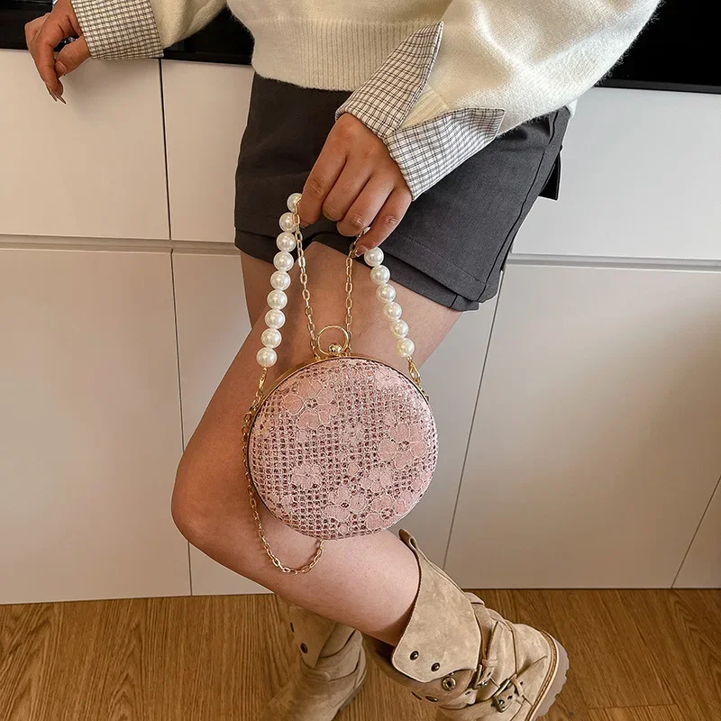 حقيبة يد نسائية صغيرة بنمط عطر لؤلؤي عصرية على شكل كرة دائرية مزينة بالترتر #3