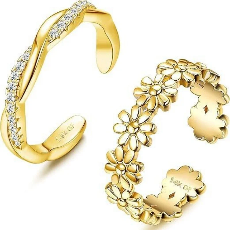 14K Gold-Plated Adjustable Zircon Foot Ring Two-Piece Set for Women During Summer Beach Vacation Toe Ring Jewelry Accessories view 3