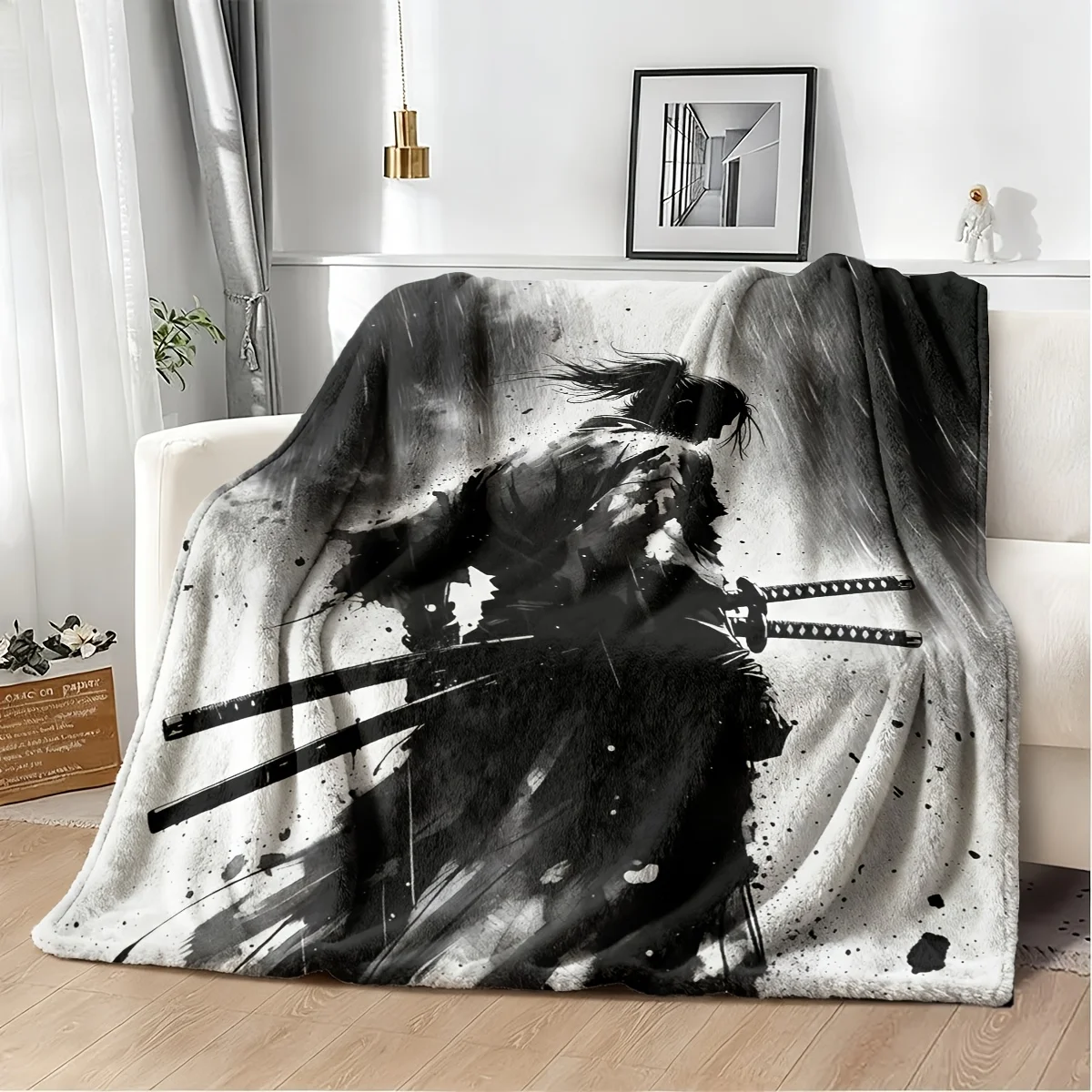 Large Samurai Ninja Anime Wall Blanket Throw Art Print 150x230cm Dramatic Japanese Warrior Decor Fleece Blanket