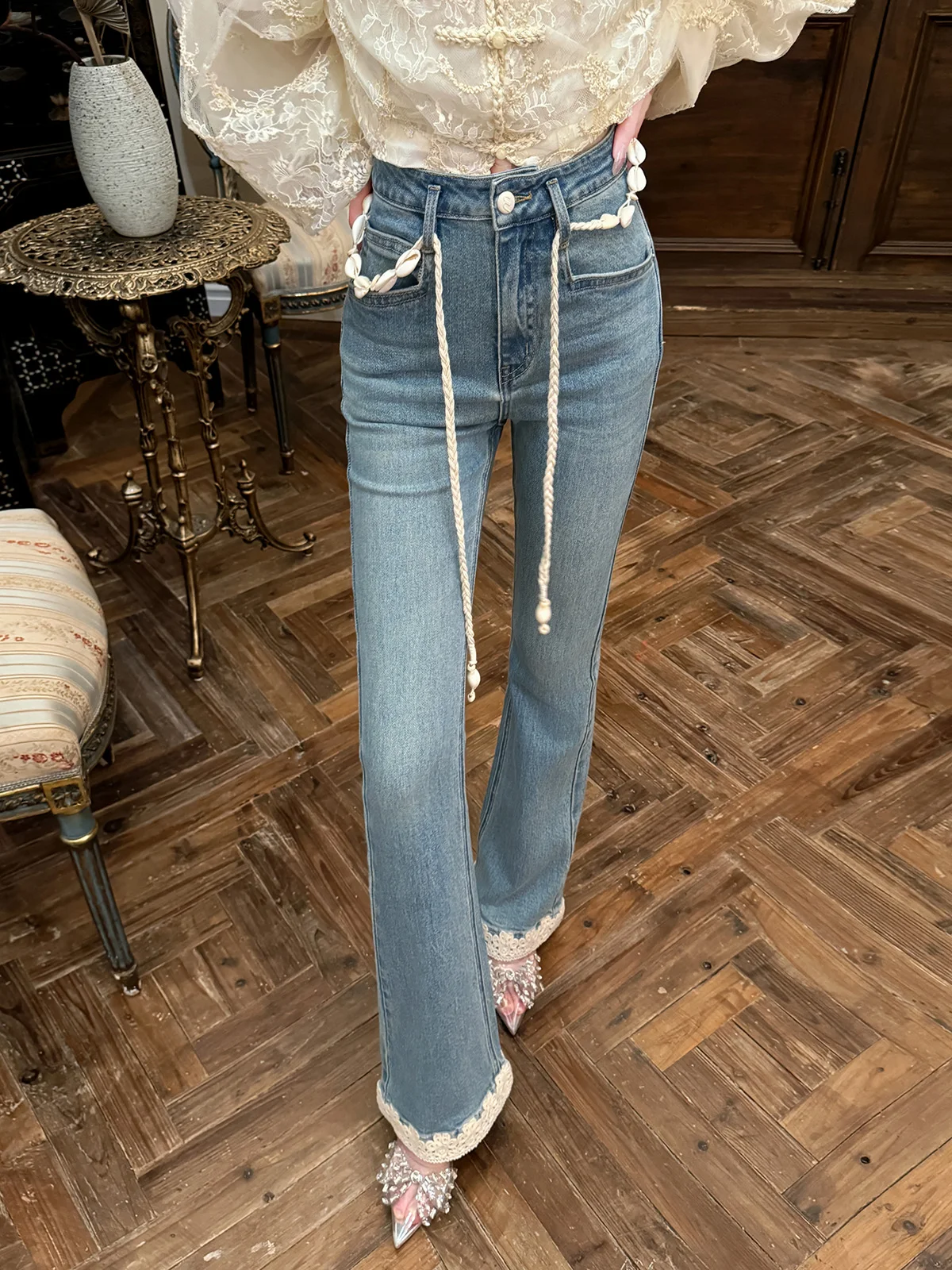 

Удобные для кожи модные джинсы-клеш из смесового хлопка со средней эластичностью, осенняя новинка, женские джинсы от Yuxiao Xiao