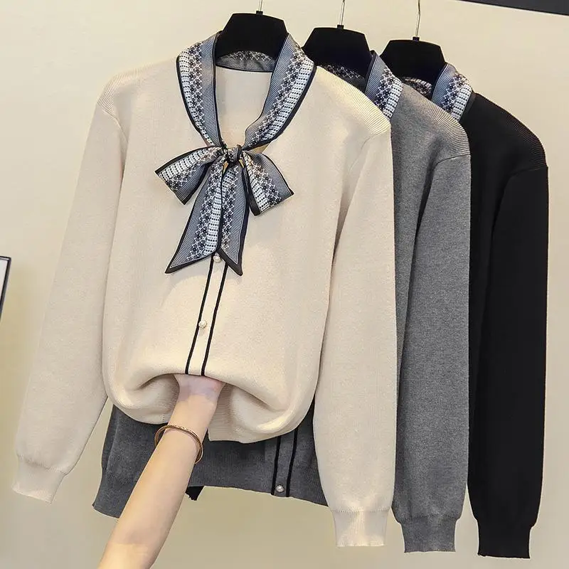 Elegant Temperament Scarf Collar Bow Knitwear Women Autumn Winter Simplicity Office Lady Sweater All-match Casual Knitting Tops